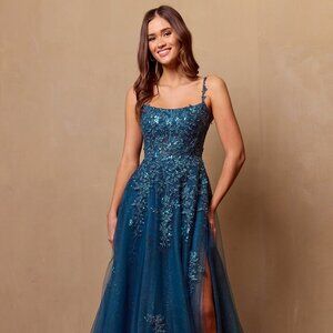 NEW FORMAL SLEEVELESS FLORAL EMBELLISHED BALL DRESS W/ LACE UP BACK AC 4044